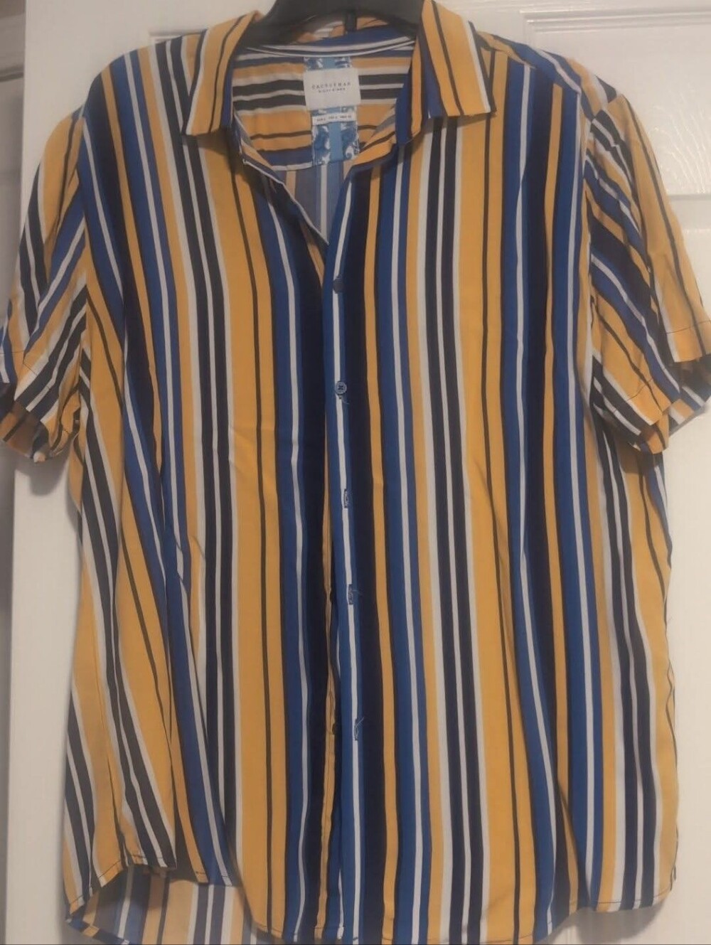 Cactus Man Yellow Blue Striped Short Sleeve Vertical Stripe Button Down Shirt
